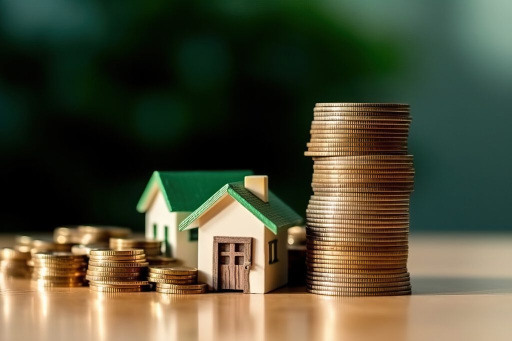 Photo of a tiny house perched atop a mountain of shiny gold coins